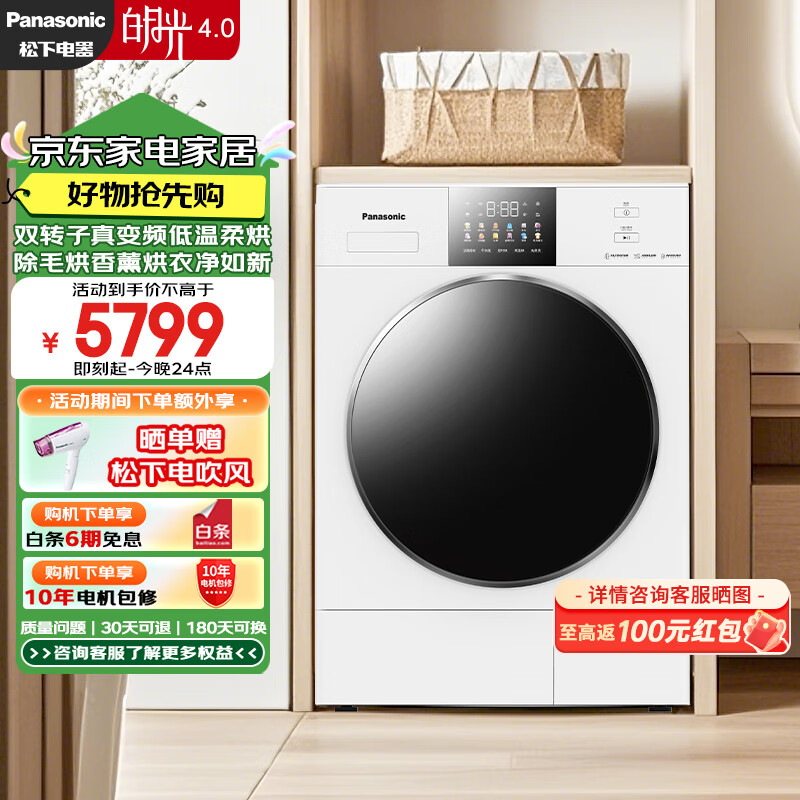 松下（Panasonic）白月光4.0 烘干机 10kg变频热泵烘干机家用 干衣机 变频压缩机 除毛烘 正反转 运动服 NH-1531NR