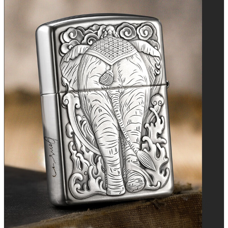 之宝打火机原装纯银盔甲浮雕六牙象王珍藏煤油机七夕礼物送男友