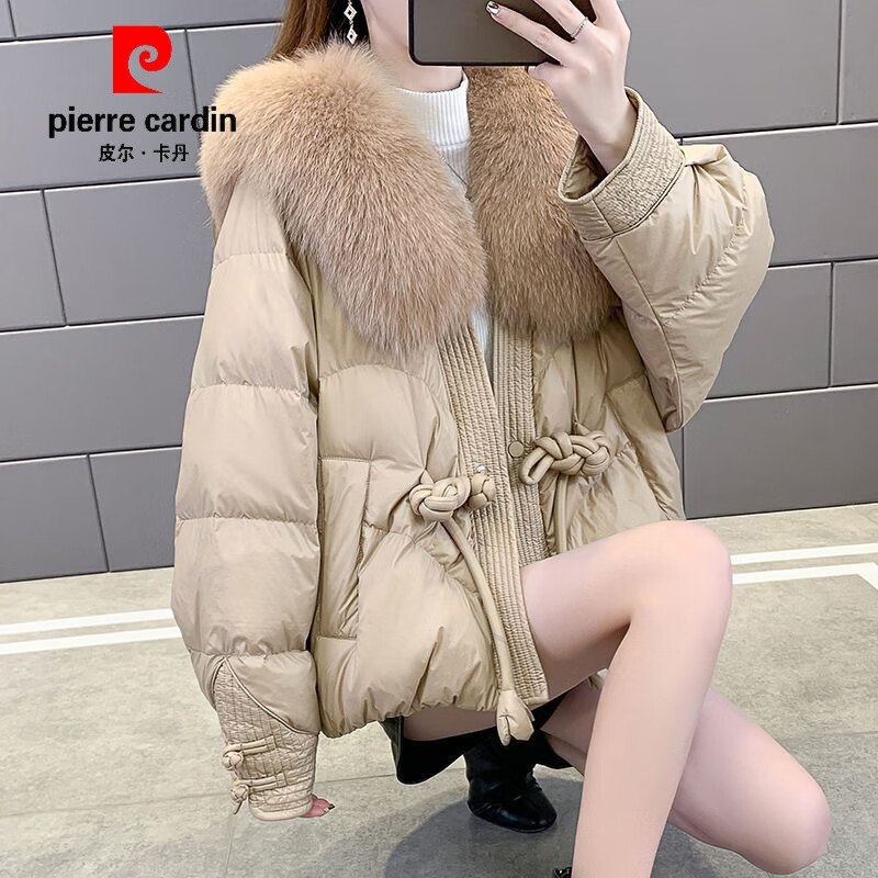 皮尔卡丹（pierre cardin）海宁仿狐狸毛皮草外套女2023新款短款毛毛绒一体欧货羽绒服冬新款 卡其色 M 适合80斤-104斤