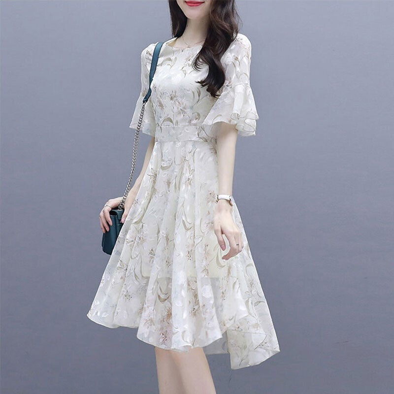LEDE连衣裙女装2026年新款裙子夏天显瘦夏季小个子雪纺碎花a字裙潮 257仙女碎花杏色 S 建议80-90斤