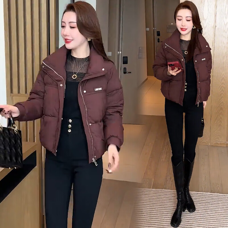 忻依美短款棉服女2025新款秋冬女装韩版小个子棉袄立领加厚显瘦轻薄棉衣 红色 L 【105-115斤穿】