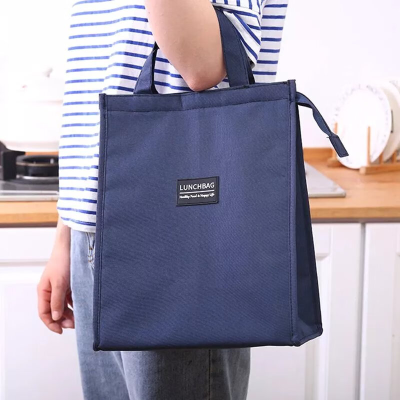 加厚装饭盒袋子铝箔保温袋帆布带饭菜的便当包保暖冷藏上班手提袋 藏青小号
