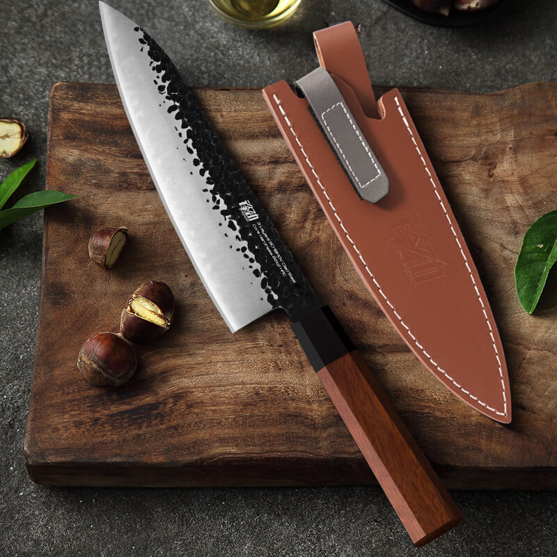 FINDKING锋劲三合钢锤纹锻打厨师刀日式寿司刀菜刀主厨刀切肉刀牛刀料理刀 8寸罗沙木柄厨师刀(配皮刀套)
