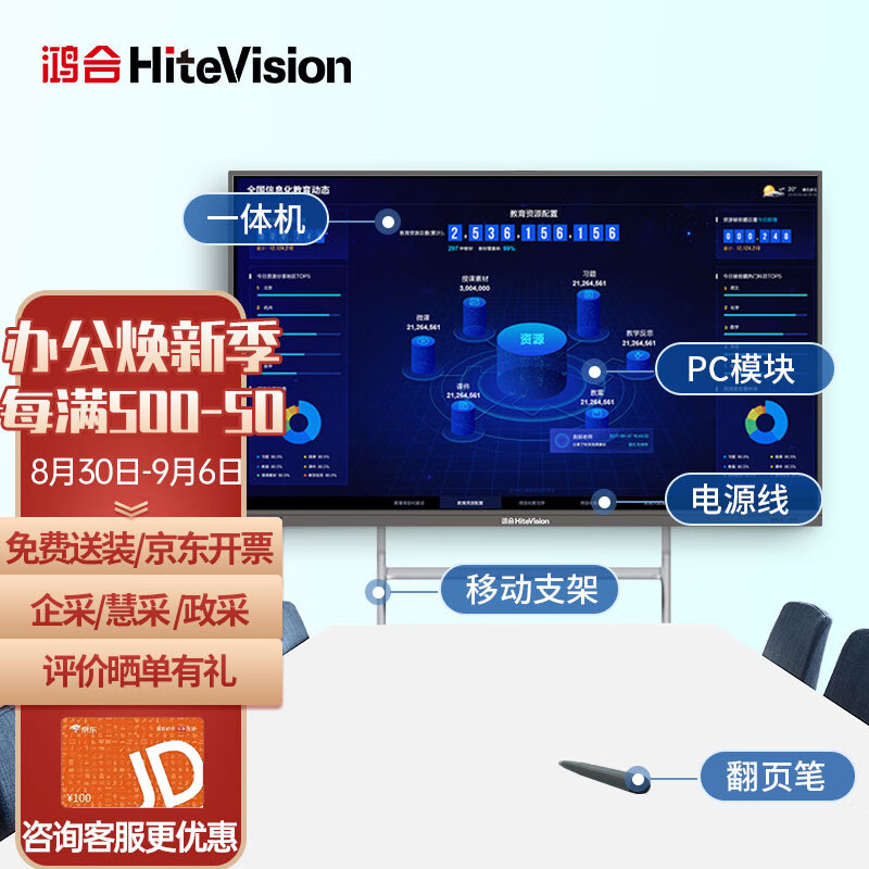 中小型会议室套餐 65英寸会议平板交互式一体机 翻页笔 移动支架 hd