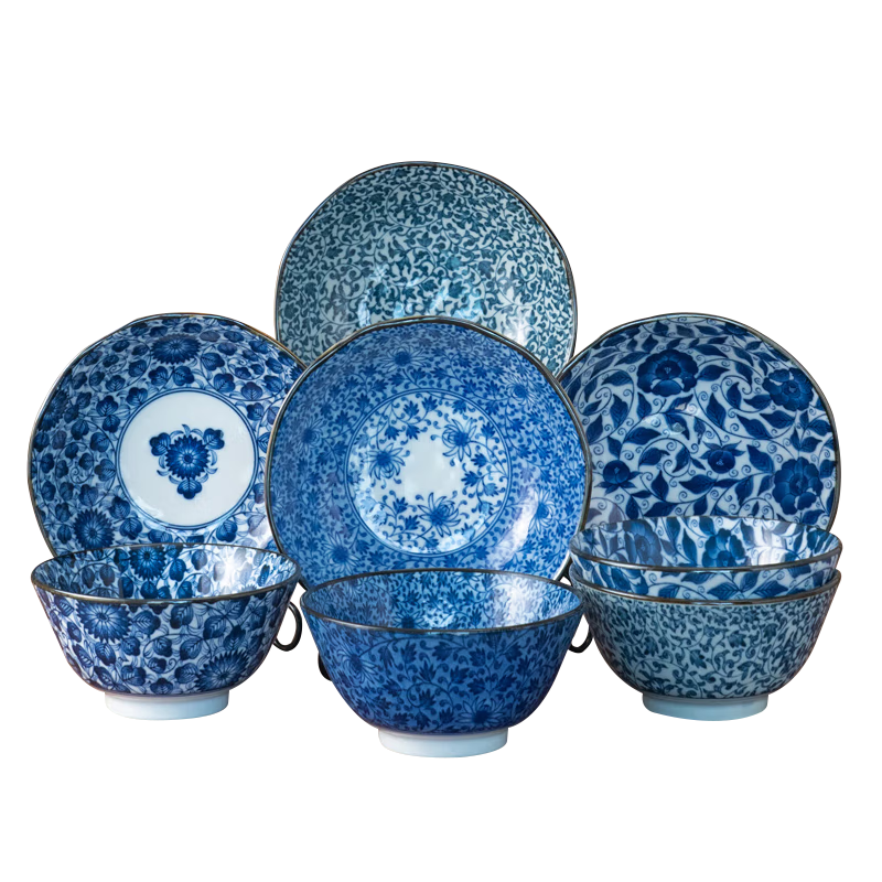 美濃燒（Mino Yaki）日本進(jìn)口陶瓷碗盤(pán)組合8件套家用餐具套裝經(jīng)典藍(lán)唐草釉下彩高顏值 碗盤(pán) 8件套