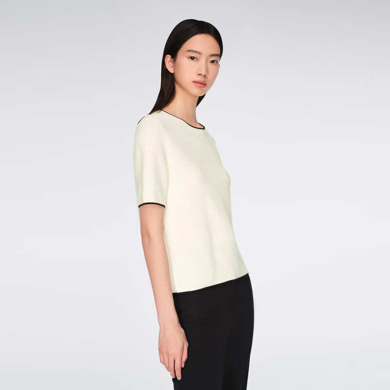 OVV2024春夏新款女装基础圆领优雅撞色镶边短袖针织衫 米白(净色)15 M