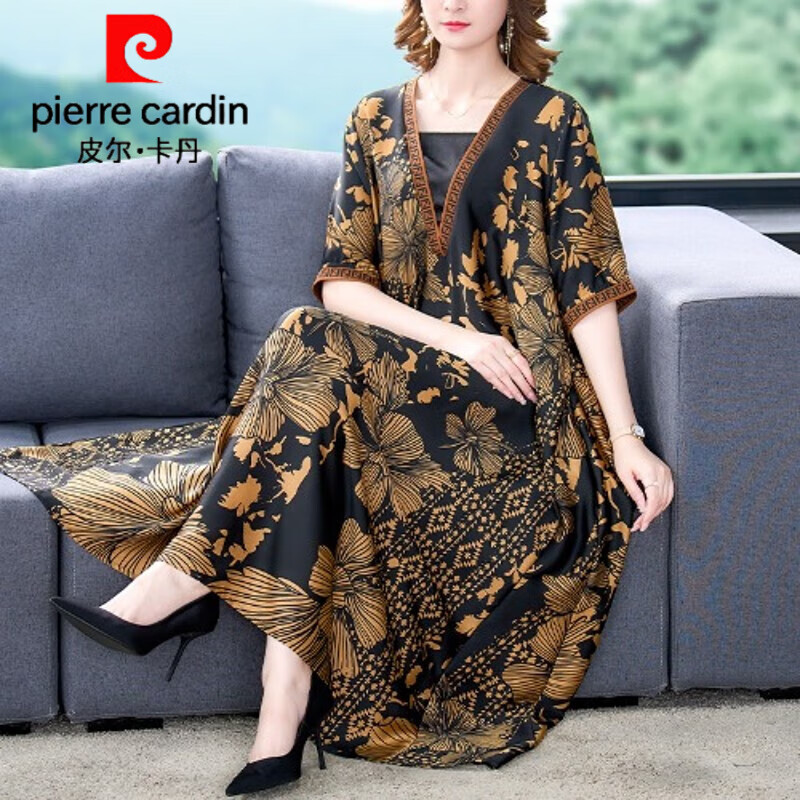 连衣裙新款宽松显瘦中年母亲装桑蚕丝长裙子 广州十三行连衣裙-图片色