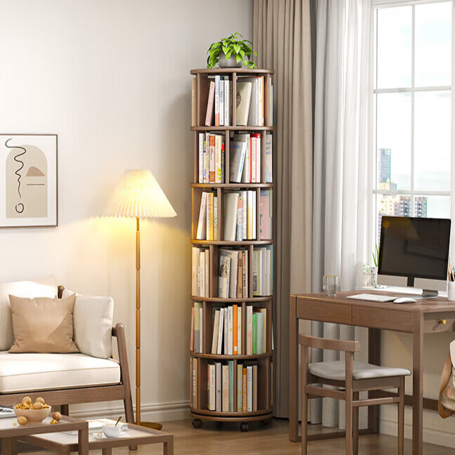 书柜实木网红家用客厅靠墙可移动落地置物架 圆形胡桃色6层旋转可移动