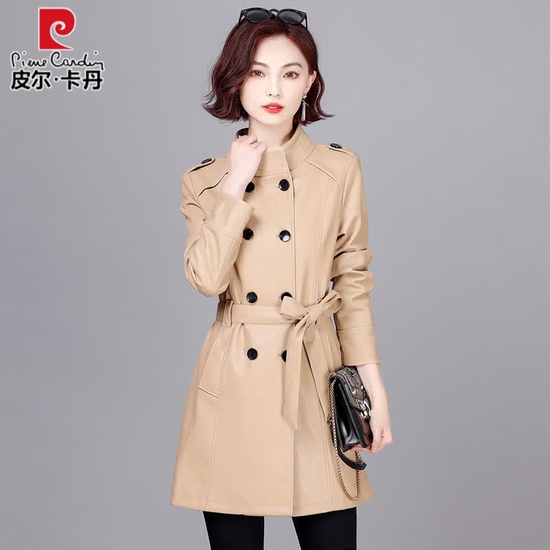 皮尔卡丹海宁2023年新款春秋真皮皮衣女外套中长款收腰带绵羊皮时尚皮风衣 米黄色 M【建议95-105斤】高性价比高么？
