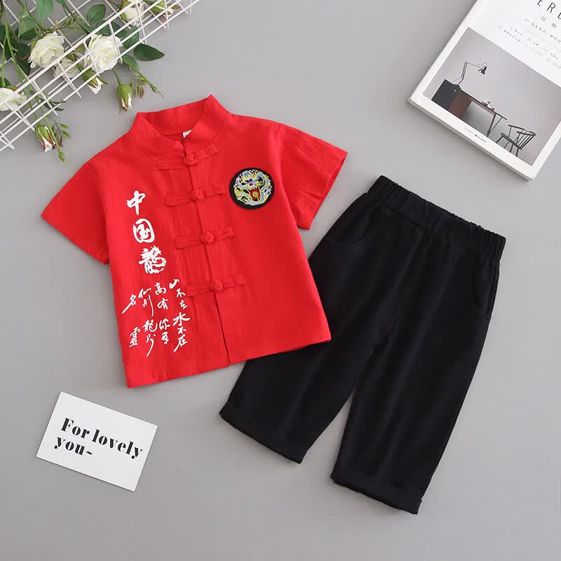 伊顿德鲁男童唐装古装夏装儿童男孩套装宝宝薄款中国风汉服夏季民族风服装 中国龙套装红色 120cm怎么看?