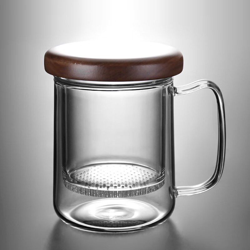 极简造物 耐热家用玻璃泡茶杯创意过滤茶水分离水杯大容量办公杯子带把带盖 微光木盖泡茶杯【胡桃木】