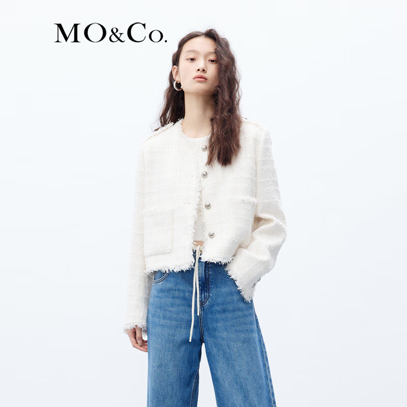 MO&Co.小香风重工编织肌理手工流苏闪葱短款箱型外套设计感小众 米白色 M/165