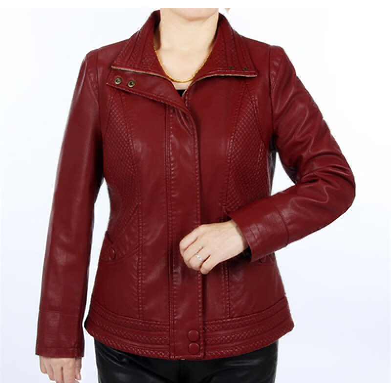 女装大码皮衣中年妈妈装短款修身春秋外套女式皮装pu皮夹克 枣红色 xl