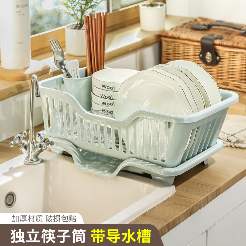 厨房台面碗碟沥水篮水槽置物架塑料餐具家用放碗筷滤水收纳盒碗柜 绿色+沥水篮