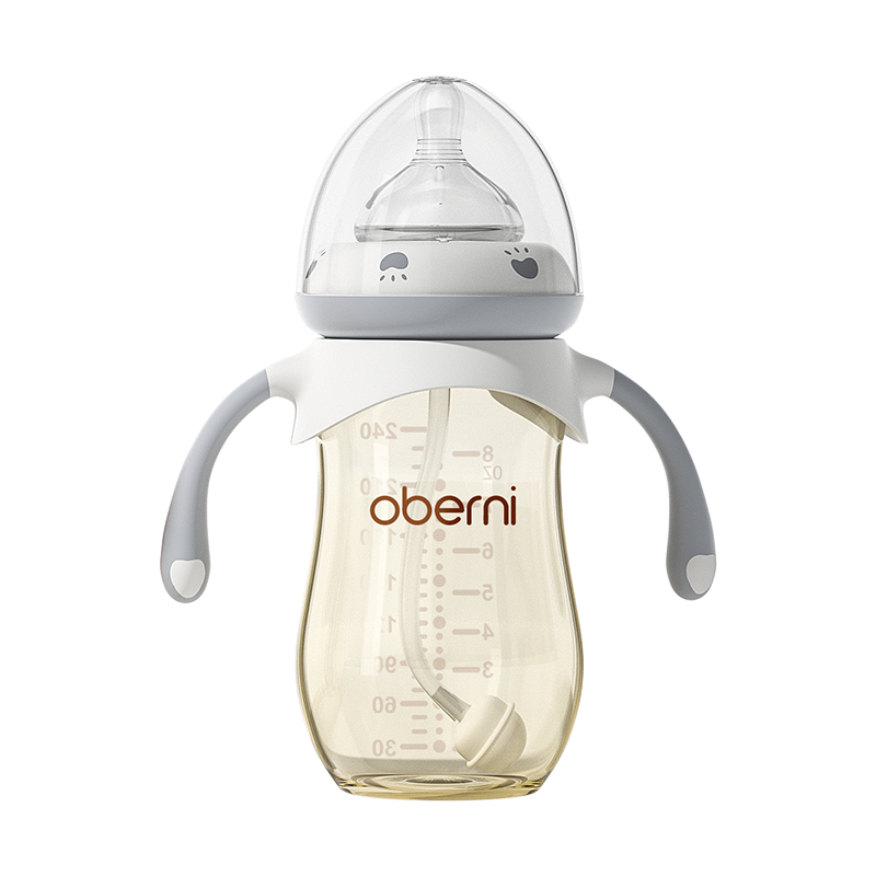 欧贝妮婴儿吸管奶瓶 ppsu防胀气奶瓶 大宝宝鸭嘴奶瓶6个月一岁以上 淡雅灰240ml