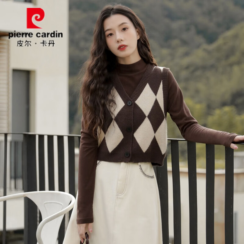皮爾卡丹2025年春秋開衫上衣復(fù)古疊穿毛衣馬夾菱格針織短款背心馬甲女 咖+杏 馬甲單件 M 90-105斤