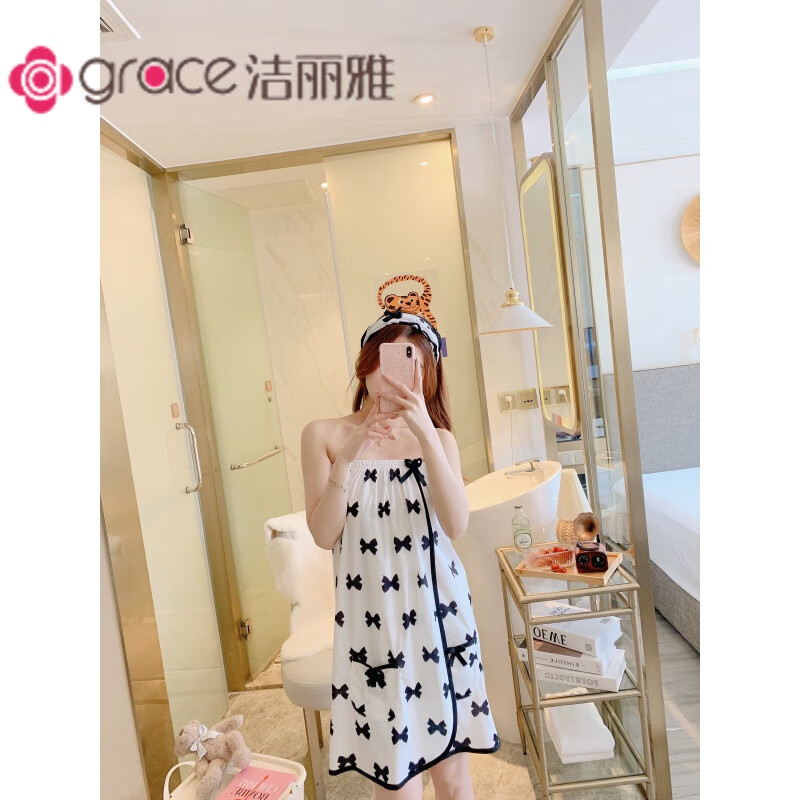 潔麗雅 GRACE新款夏天棉質(zhì)浴巾女成人性感浴裙抹胸吸水柔軟浴袍女舒適家居服帶 黑色蝴蝶結(jié) 帶頭巾 均碼80-130斤具體視身高而定