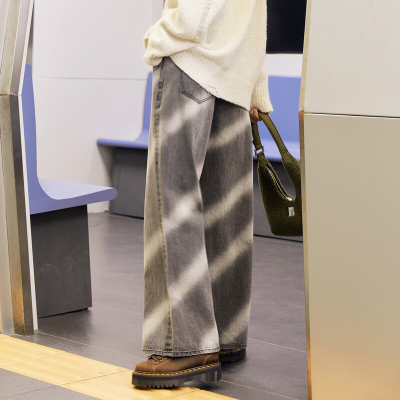 乐町喷色牛仔阔腿裤女23秋冬新款宽松长裤C2HAD4E21 深灰 S