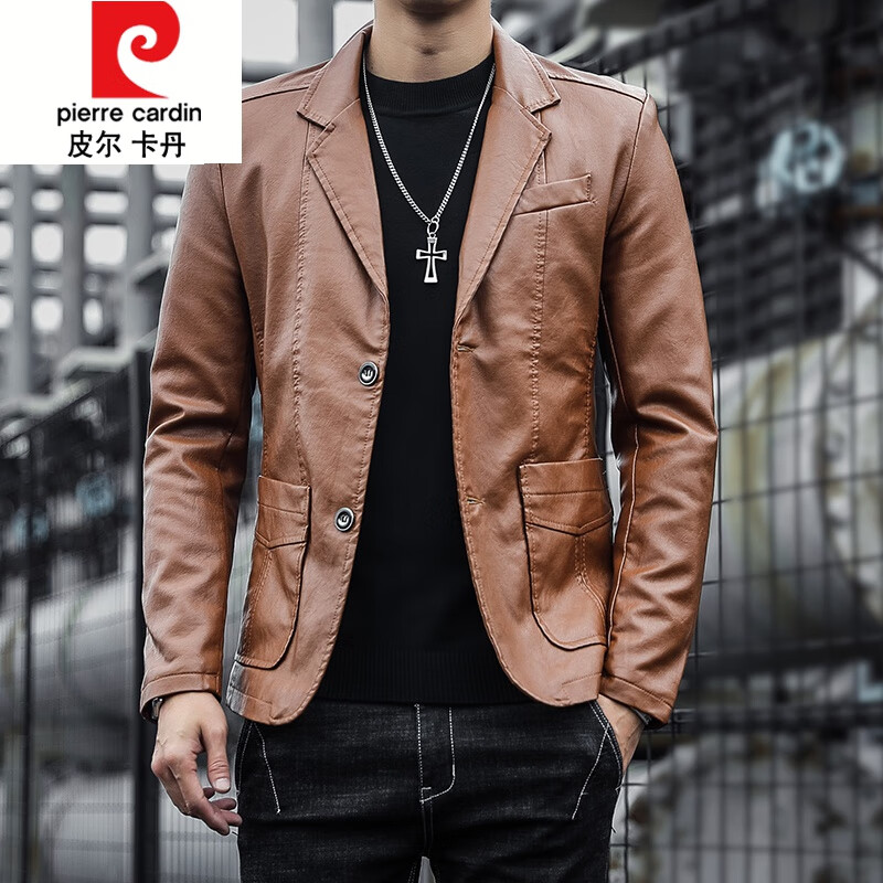 皮爾卡丹（pierre cardin）春秋新款仿皮皮衣男士韓版皮西裝外套青年冬款潮流修身皮衣西服男 土黃色 M