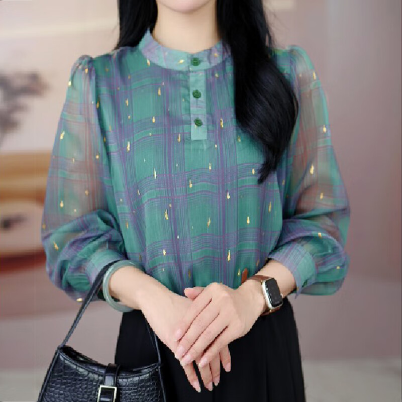 薄款长袖雪纺衫女早秋新款时尚减龄印花立领宽松遮肉上衣 烟青色 s