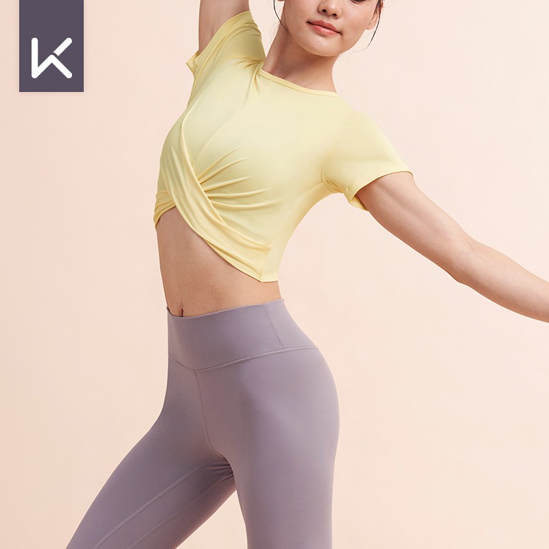 Keep 女子瑜伽服瑜伽T恤交叉款短袖背心 吸湿速干塑形裸感柔软弹11401 浅鹅黄 短袖 S