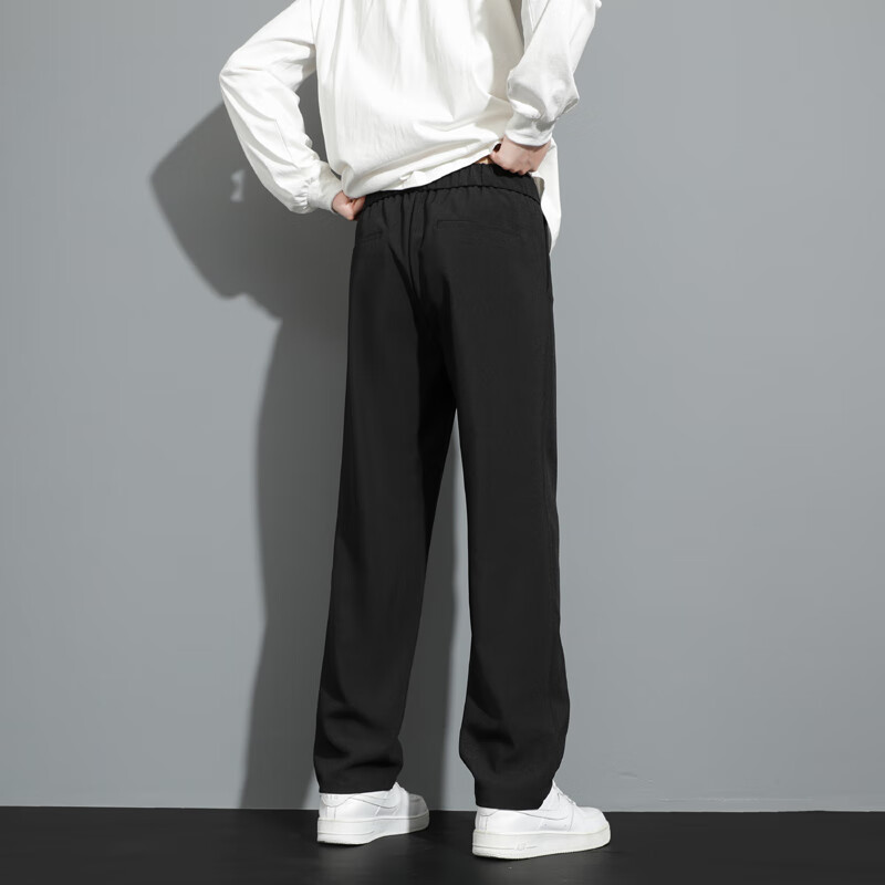 PBOA加绒宽松休闲西装裤男抽绳松紧腰秋冬直筒垂感阔腿长商务西服裤子 黑色【长裤】 4XL (建议180-200斤)