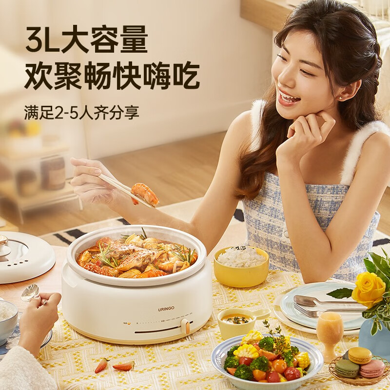 七彩叮当（QICAIDINGDANG）电火锅专用锅电炒锅电煮锅多功锅家用分体式焖锅煎锅 多用途锅大容量大功率涮烤火锅可拆锅电热锅 3L容量 | 分体设计 | 标准款