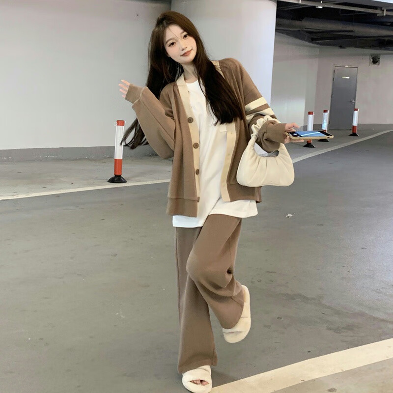 针织衫套装女装搭配一整套2023年盐系穿搭 卡其色开衫 卡其色运动ku s