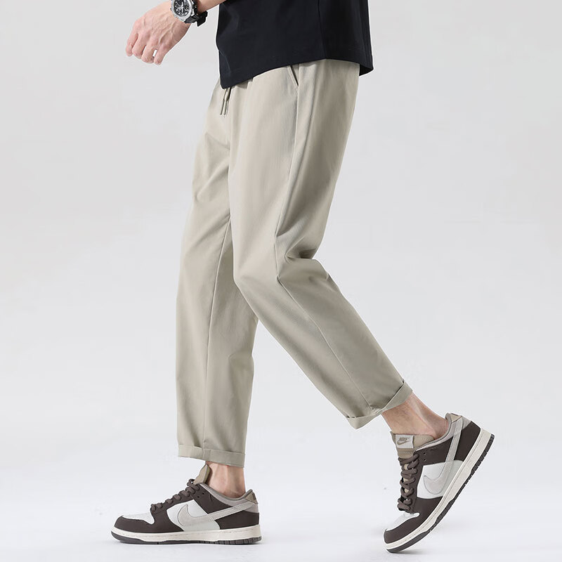 布衣传说 凉感天丝 夏季薄休闲裤子男款宽松直筒裤锥形九分裤装 卡其 32