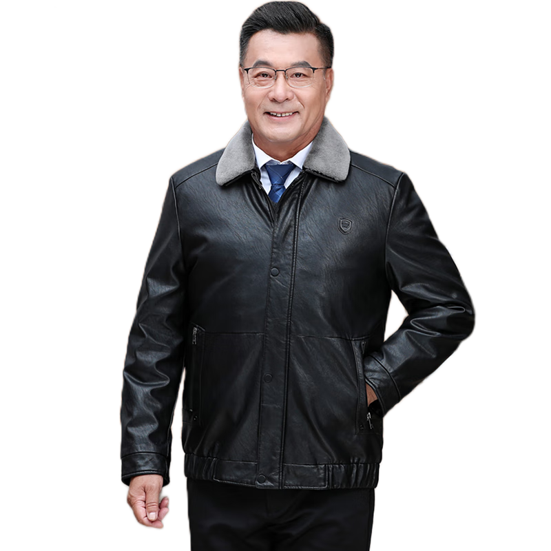老爺車(chē) 羽絨服男士中老年商務(wù)休閑翻領(lǐng)皮衣羽絨內膽活里活面防風(fēng)保暖老人冬季可脫卸羊毛領(lǐng)爸爸裝 黑色 165/M（建議90-110斤）