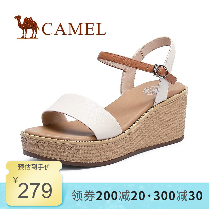 骆驼（CAMEL）女鞋夏季新款百搭增高凉鞋女一字扣厚底坡跟鞋女 A120076357 ,米白/棕 37