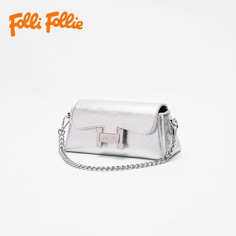 follifollie芙丽芙丽女包时尚洋气小方包小蛮腰巴比龙链条包 银色