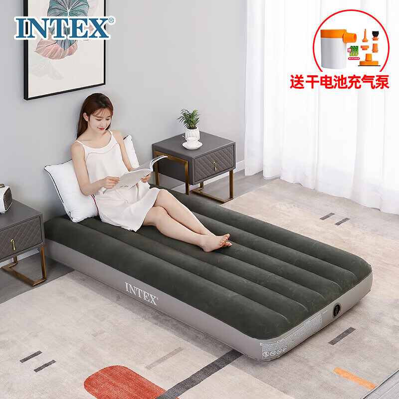 INTEX64107线拉款充气床垫露营气垫床户外防潮垫午睡折叠床含干电池泵