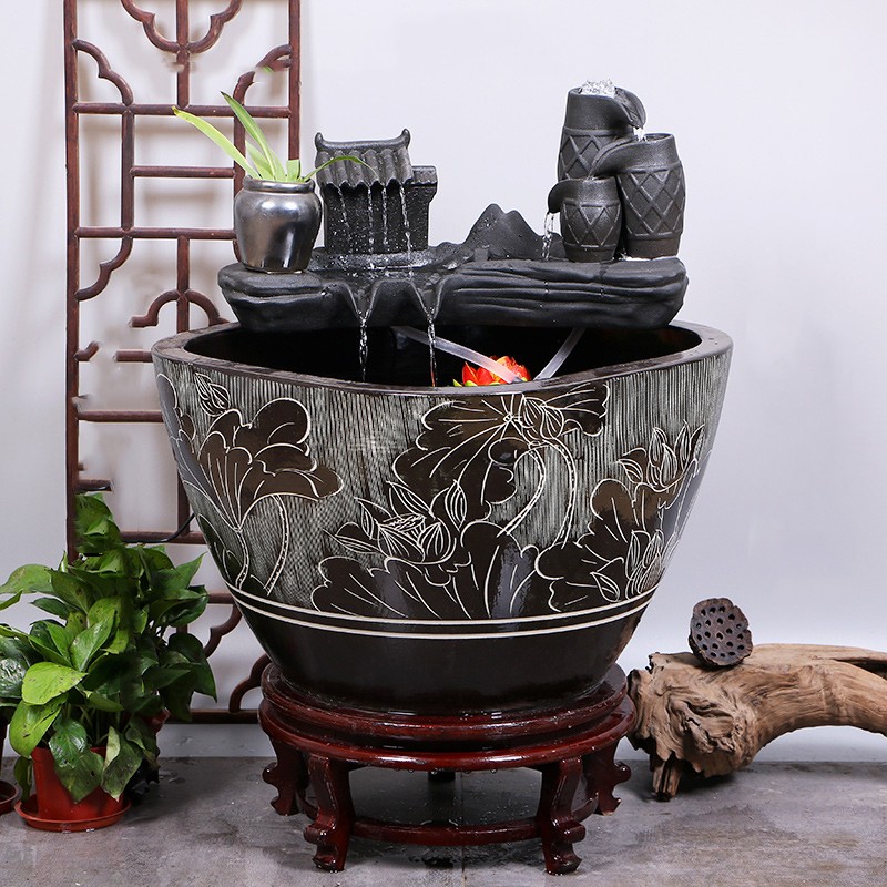 红得发紫 方形陶瓷大缸水循环鱼缸客厅阳台流水养鱼盆庭院仿石大水缸