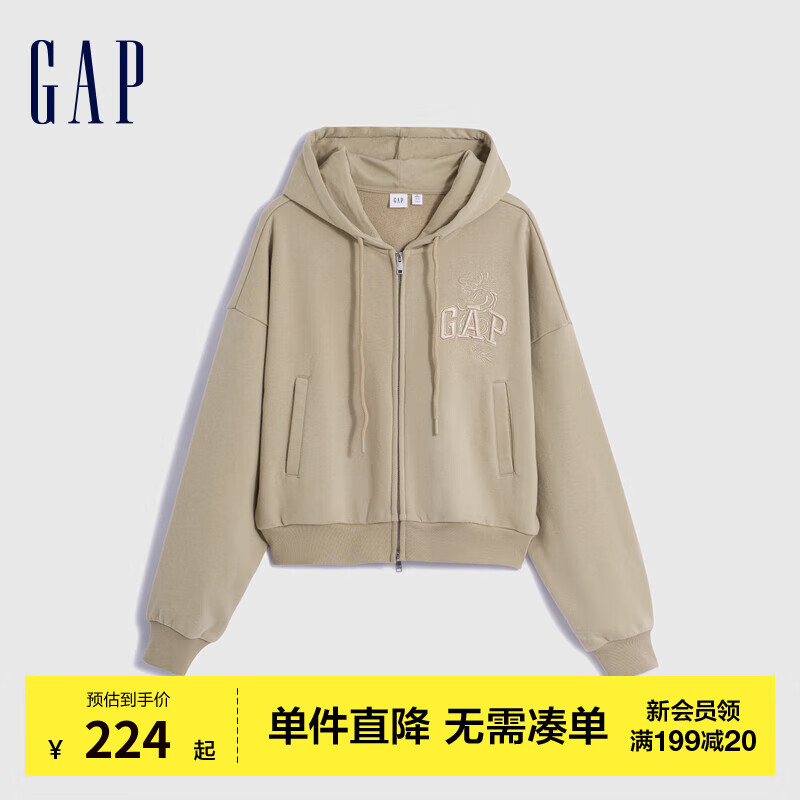 Gap女装春季2024新款LOGO刺绣宽松运动卫衣433672新年款连帽衫 卡其色 170/88A(L) 亚洲尺码