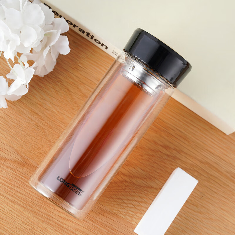 hywlkj龙士达双层带茶漏加厚玻璃杯办公室简约便携茶水分离家用隔热