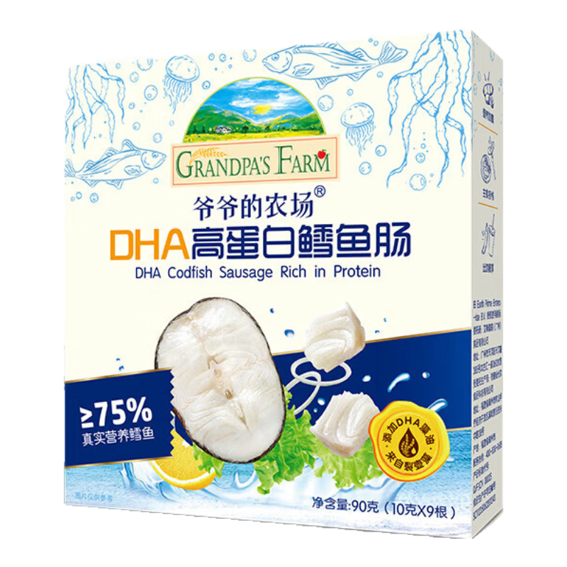 爺爺?shù)霓r(nóng)場【99元任選5件】磨牙棒小軟餅干蝦片鱈魚腸海苔脆米餅兒童零食 【DHA】高蛋白鱈魚腸