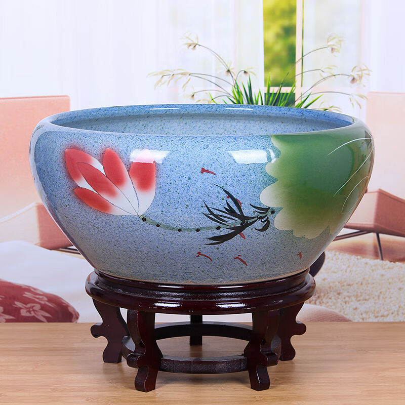 大口径景德镇陶瓷花盆大水缸荷花盆睡莲碗莲家用庭院特大号花盆 鱼儿