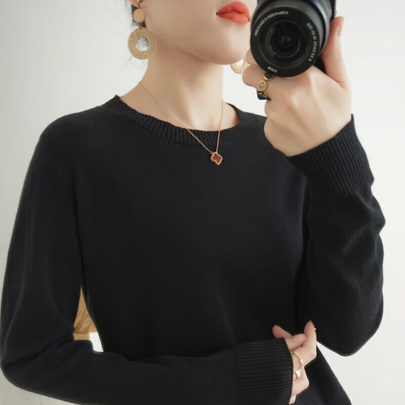 俞兆林女装 针织衫女薄款毛衣圆领针织打底衫女 YW16ZS604 黑色 均码