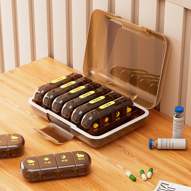 七天分药随身装药吃药提醒药品药物便携分装盒子 避光款21格棕色三顿