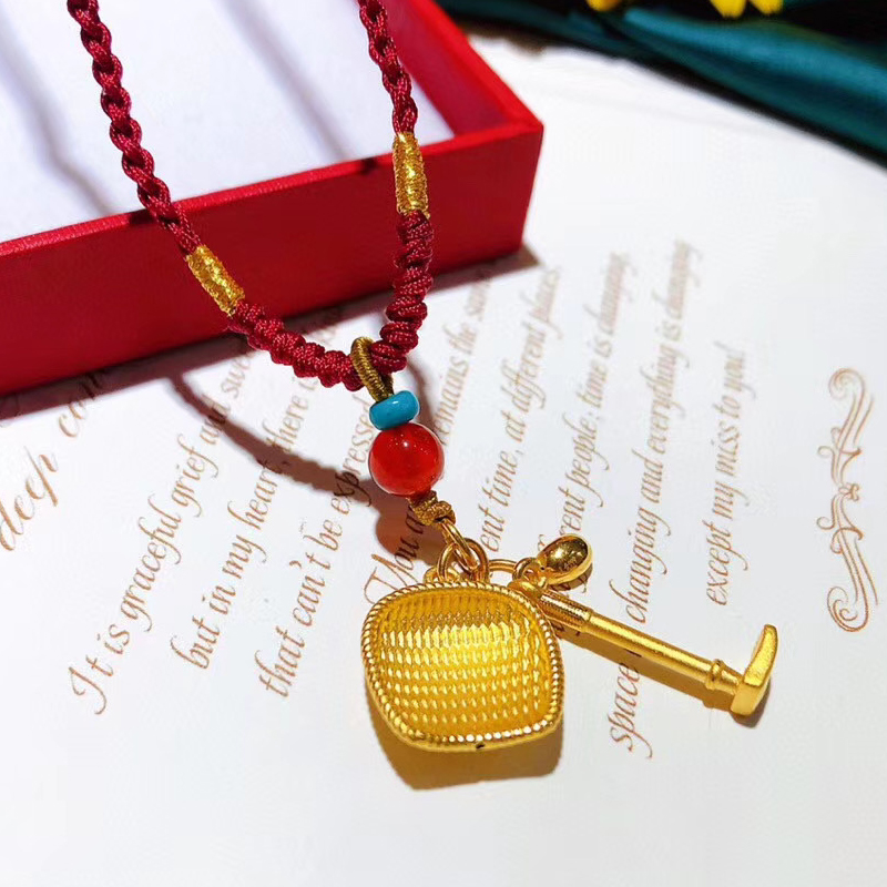 小腰金黄金簸箕吊坠挂绳女红绳项链编织复古999足金元宝锄头金坠子