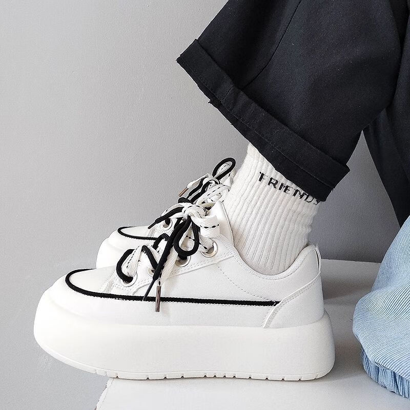 冠楷女生初中生厚底小白鞋英伦风奶显脚小板鞋新款厚底女鞋秋季休