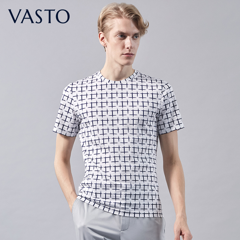 vasto/华斯度夏季全棉薄款圆领短袖t恤衫男新款独特印花男装上衣 白色
