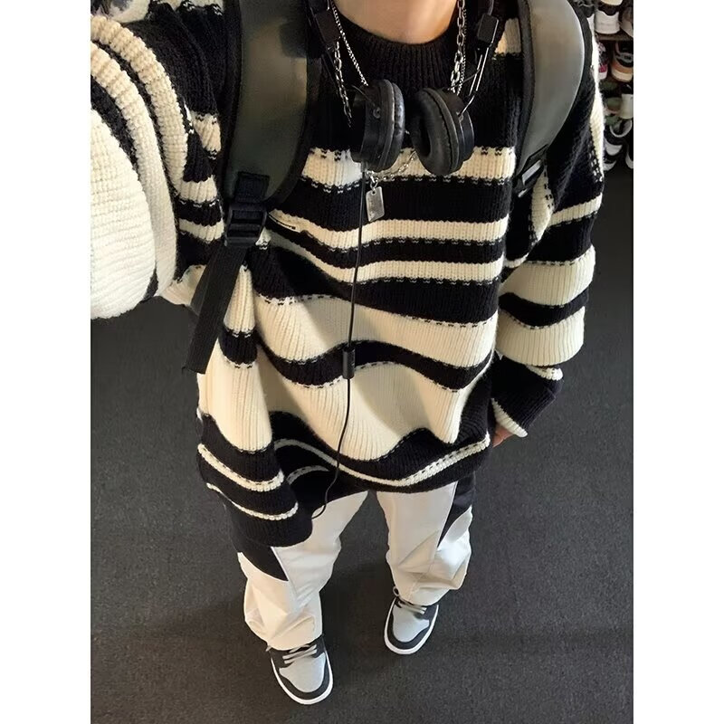 黑盒白学院风彩虹条纹圆领毛衣男女复古慵懒风学生秋冬季情侣针织衫男 XH-Y39黑色 常规 2XL 【130-150斤】