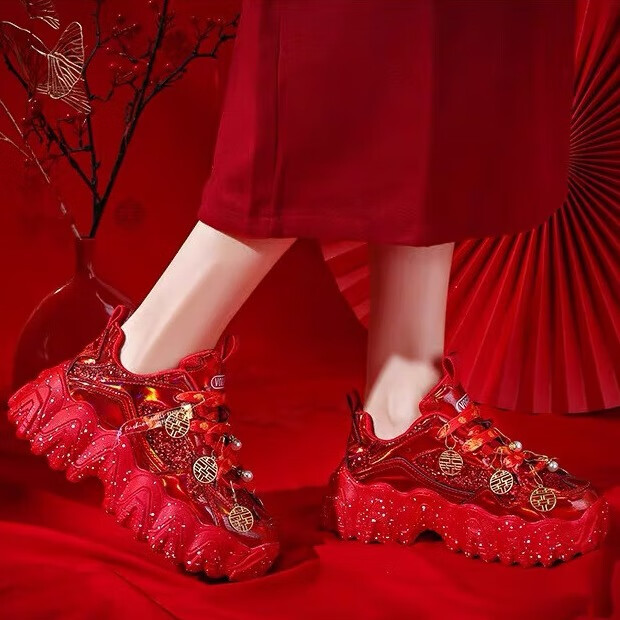 百丽香奈婚鞋女运动鞋中式红色新娘鞋结婚不累脚平底禾秀婚纱两穿平时可穿 中国红 38