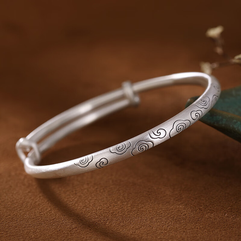 铜镀银祥云实心女手镯推拉款复古哑光手环镯子简约足银手首饰品 祥云