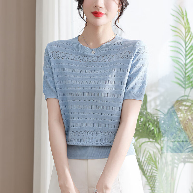 歌米拉（Gemila）薄款镂空冰丝短袖T恤女针织夏季新款小个子短款凉感高档上衣 蓝色 XL 120-130斤