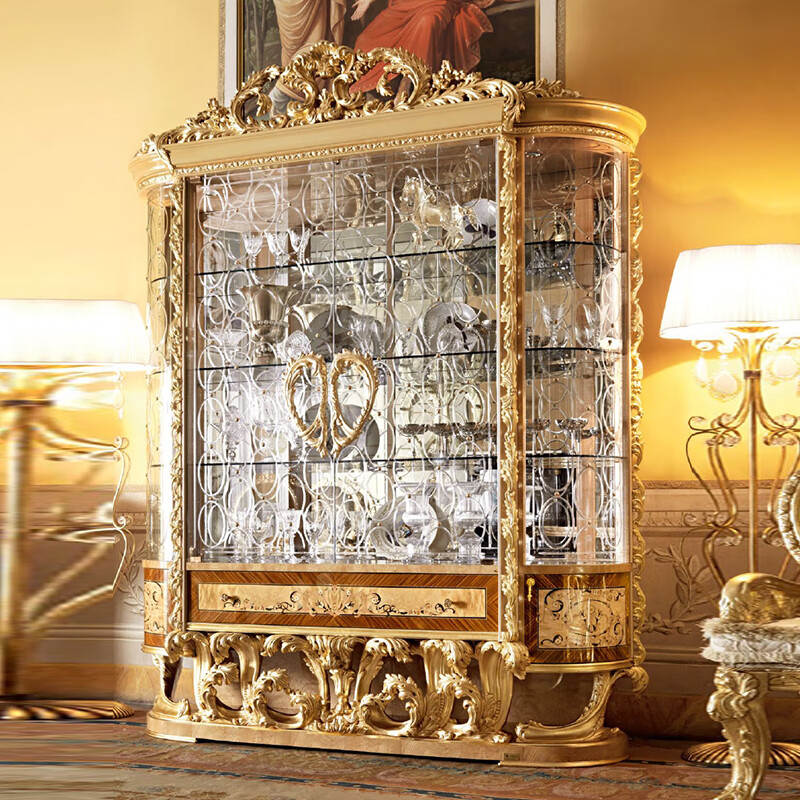 首杰法式别墅定制欧式酒柜实木玻璃储物酒柜木皮拼花酒水柜玻璃装饰柜