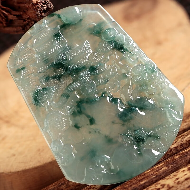 石之富珠宝缅甸天然翡翠a货冰种飘花山水牌吊坠23.52克