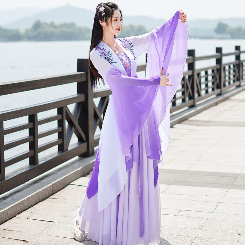 古装渐变中国风改良襦裙魏晋风舞蹈演出服装 均码渐变紫色衣服可调节